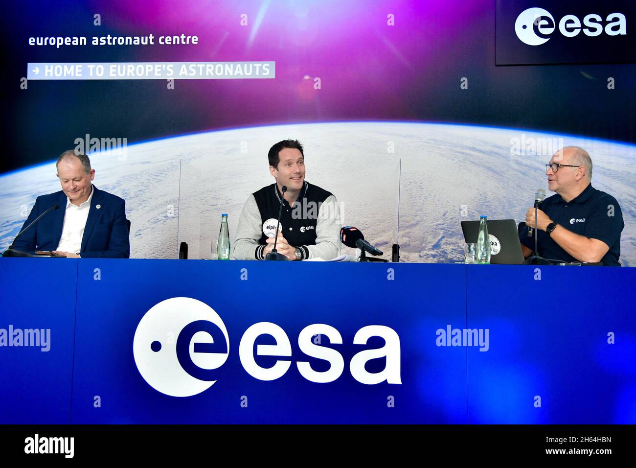 Cologne, Germany. 12th Nov, 2021. ESA News Conference with ESA Astronaut Thomas Pesquet, he holds the first press conference after his return from the International Space Station, after a 199 day mission on board. During this Mission âAlphaâ, Thomas became the Captain of the ship, as the first French Captain in history. Press conference at European Astronaut Centre (EAC), Cologne, Germany on November 12, 2021. Photo by Jana Call me J/ABACAPRESS.COM Credit: Abaca Press/Alamy Live News Stock Photo