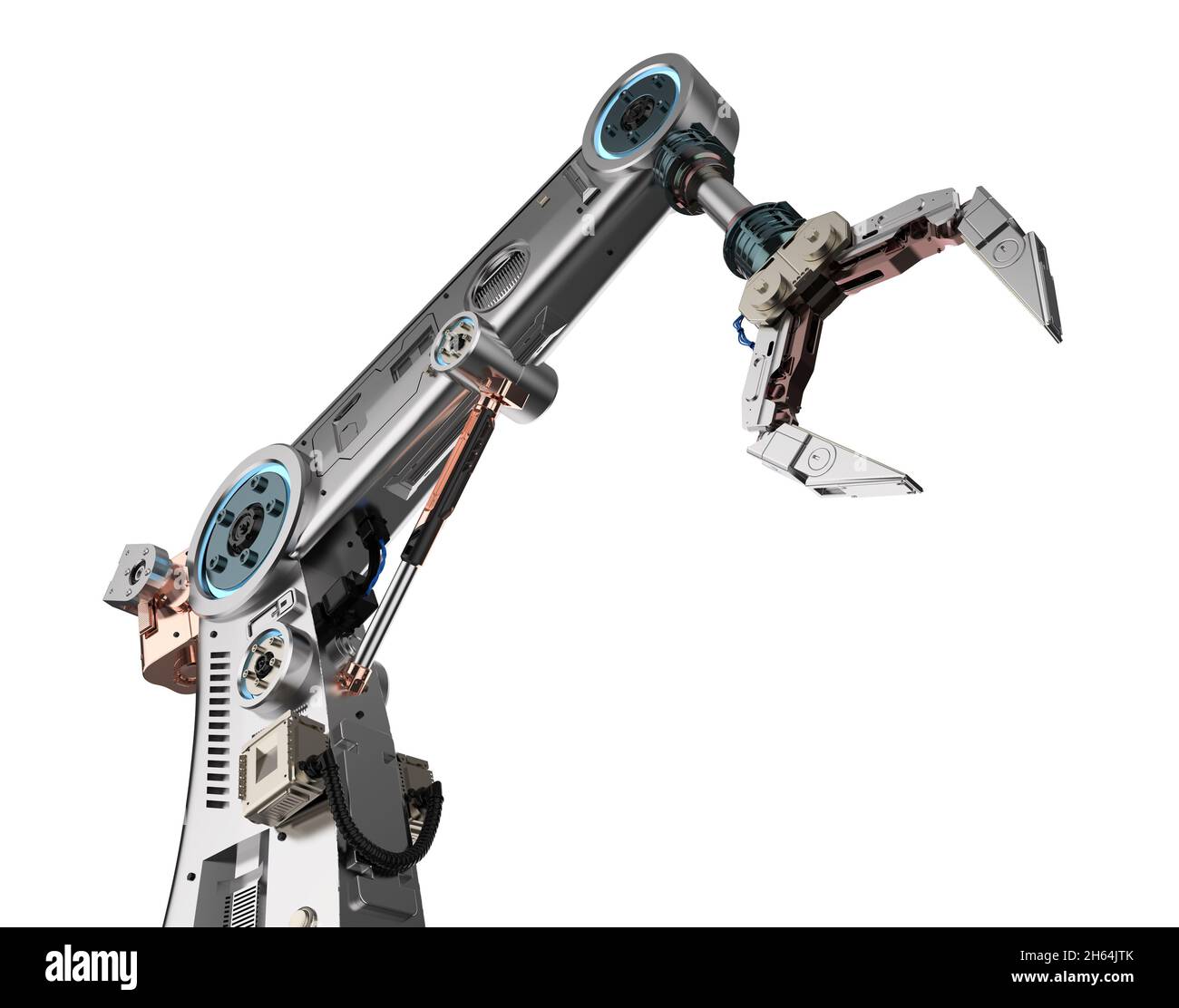 Industrial technology with 3d rendering metal robotic arm or robot hand isolated on white