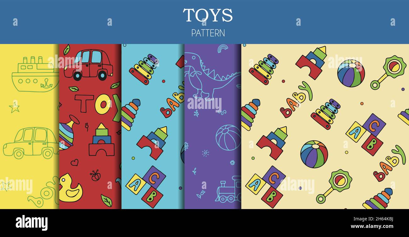 Vector set of doodle seamless pattern with toys. Hand draw collection ...