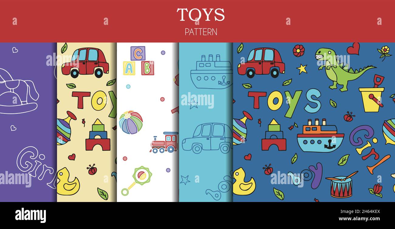 Vector set of doodle seamless pattern with toys. Hand draw collection ...