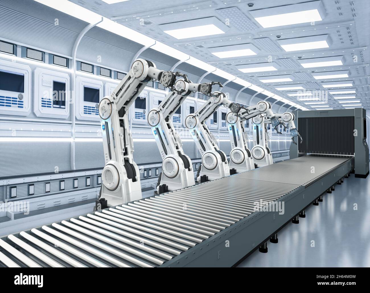Automation industry concept with 3d rendering robot assembly line in ...