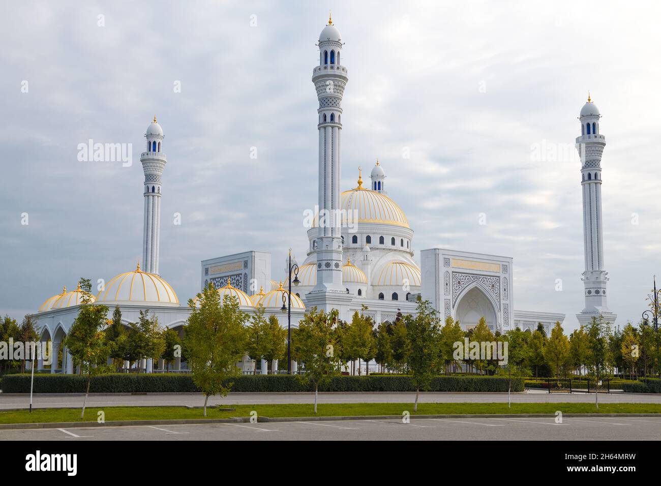 View of the Pride of Muslims Mosque on a cloudy September morning. Shali, Chechen Republic. Russian Federation Stock Photo