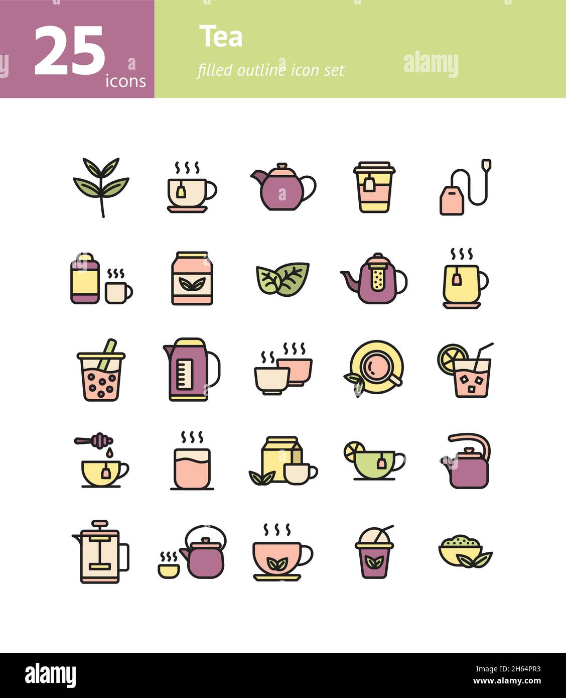 Tea filled outline icon set. Vector and Illustration. Stock Vector