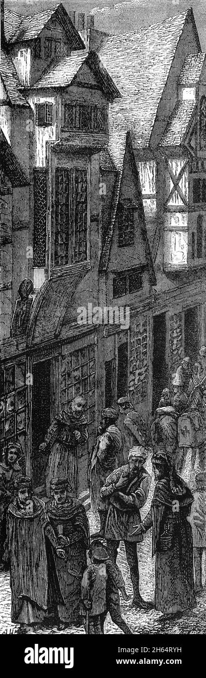 Engraving of the high street of Oxford in the late 1300s Stock Photo