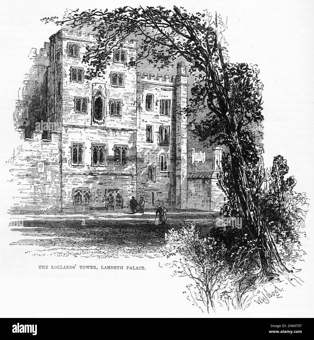 Engraving of Lollard's Tower at Lambeth Palace, England, circa 1400. Illustration from 'The history of Protestantism' by James Aitken Wylie (1808-1890), pub. 1878 Stock Photo