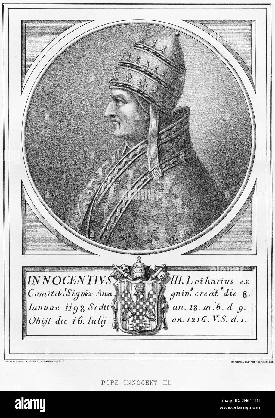 Engraving of Pope Innocent III (1160 or 1161 – 1216, born Lotario dei Conti di Segni (anglicized as Lothar of Segni)  head of the Catholic Church and ruler of the Papal States from 8 January 1198 to his death. Stock Photo