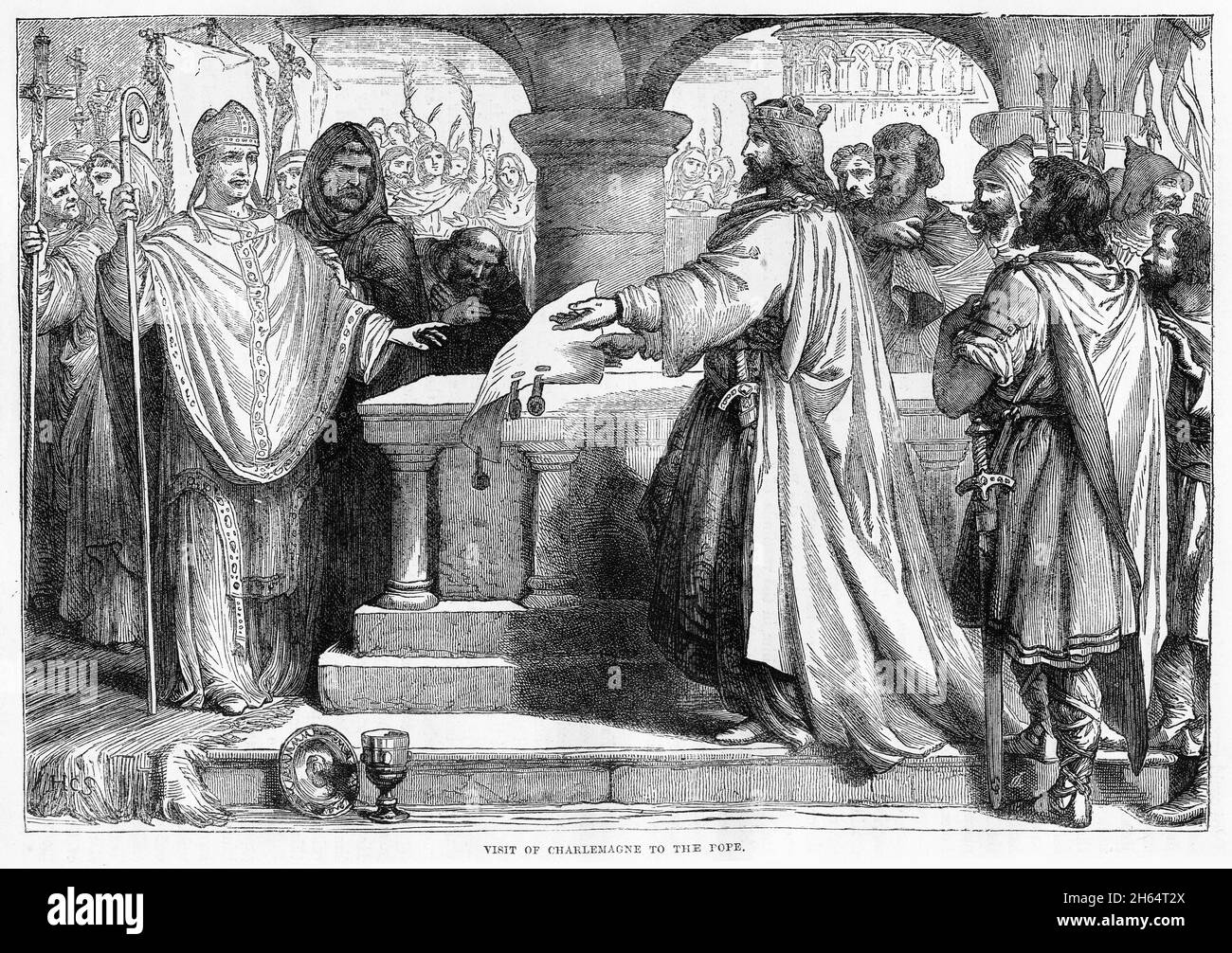 Engraving of Charlemagne visiting the Pope Stock Photo
