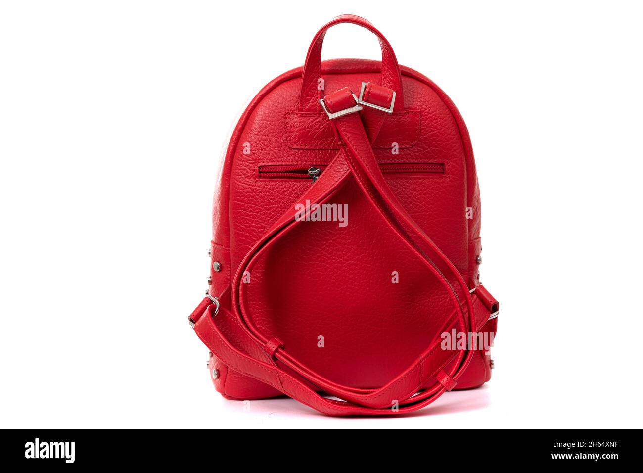 red backpack made of genuine leather on white isolated background, back ...