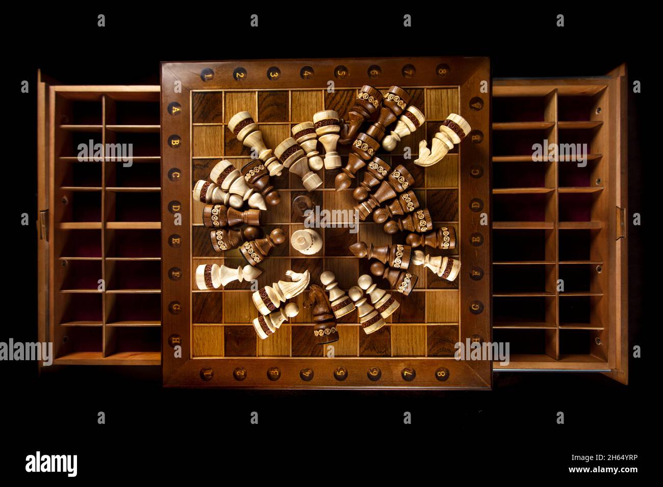 Chess pieces are laid out on a chessboard. A puzzle game with tricky