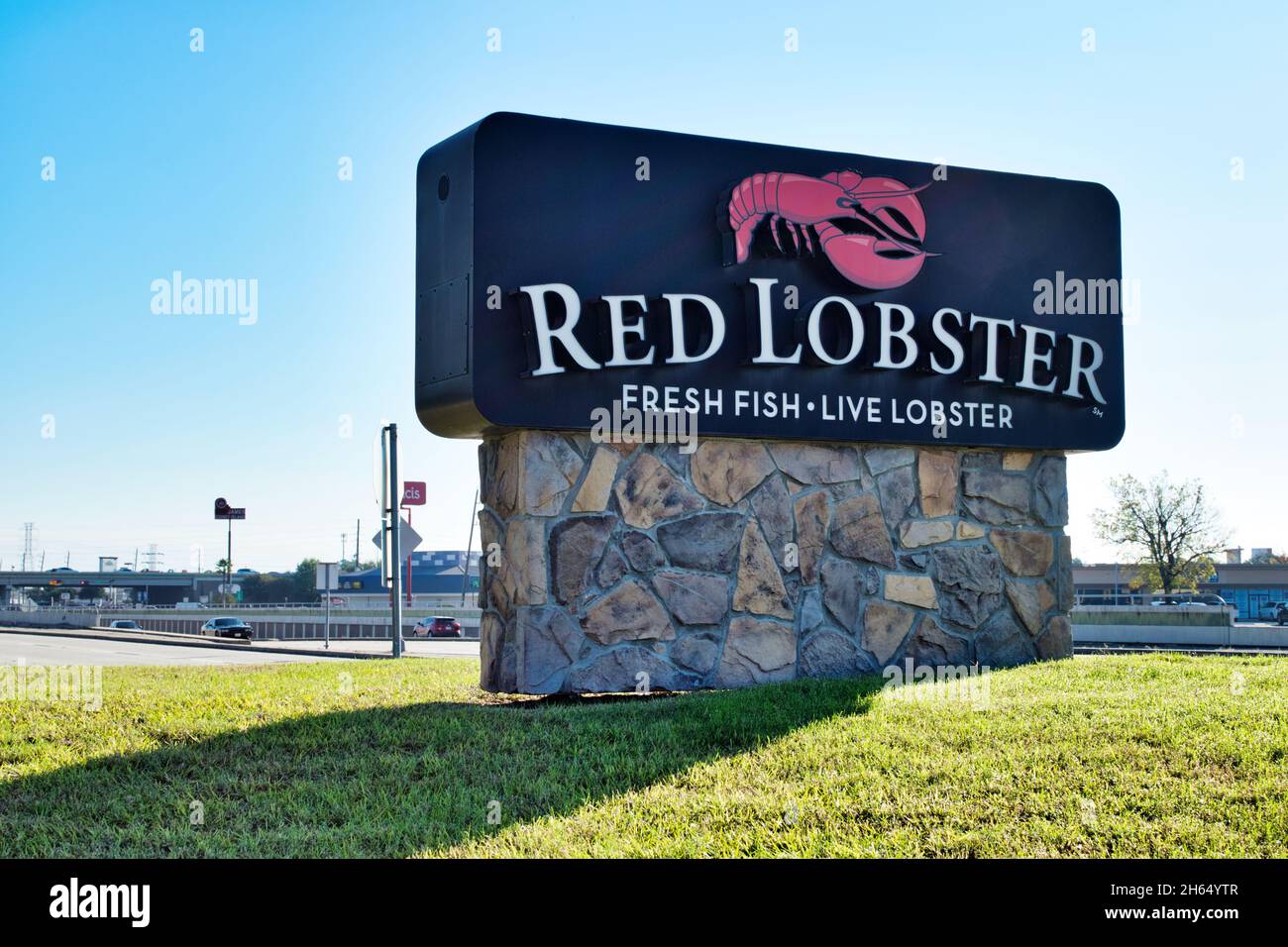 Houston, Texas USA 11-12-2021: Red Lobster road sign in Houston, TX. Global casual dining seafood restaurant chain founded in the USA in 1968. Stock Photo