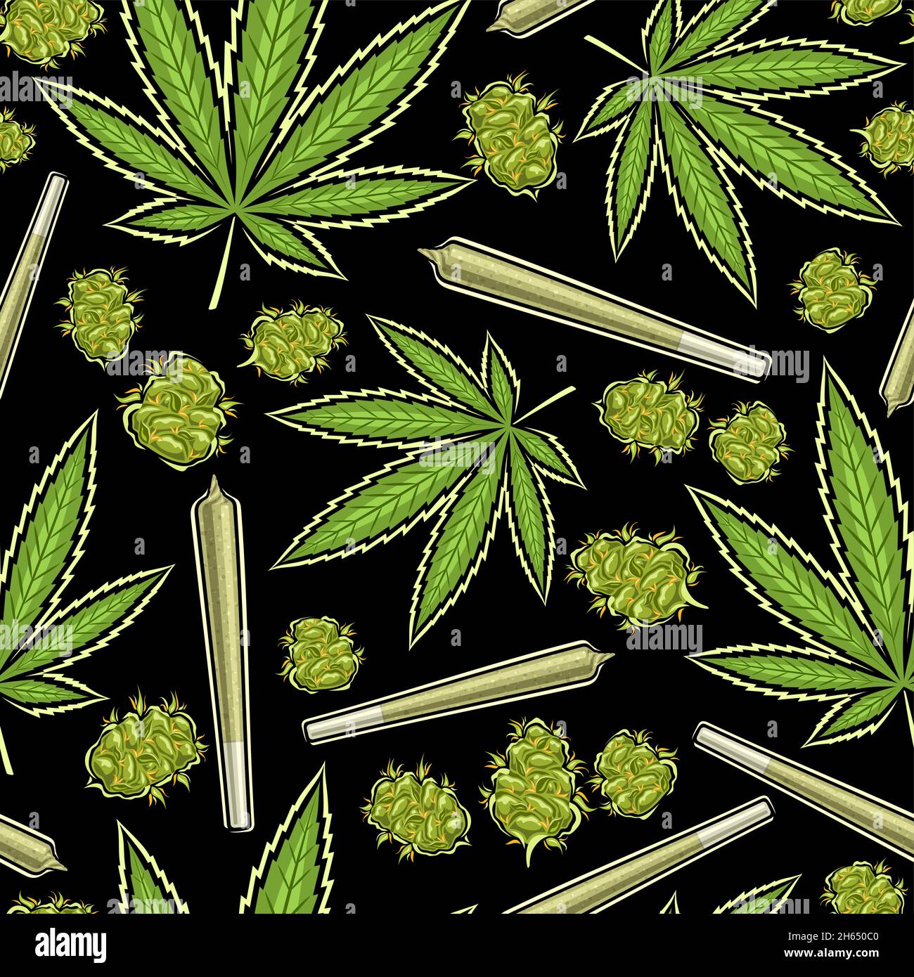 Vector Marijuana Seamless Pattern, square repeating background of marijuana leaves, medicinal cannabis buds, decorative poster with cut out illustrati Stock Vector