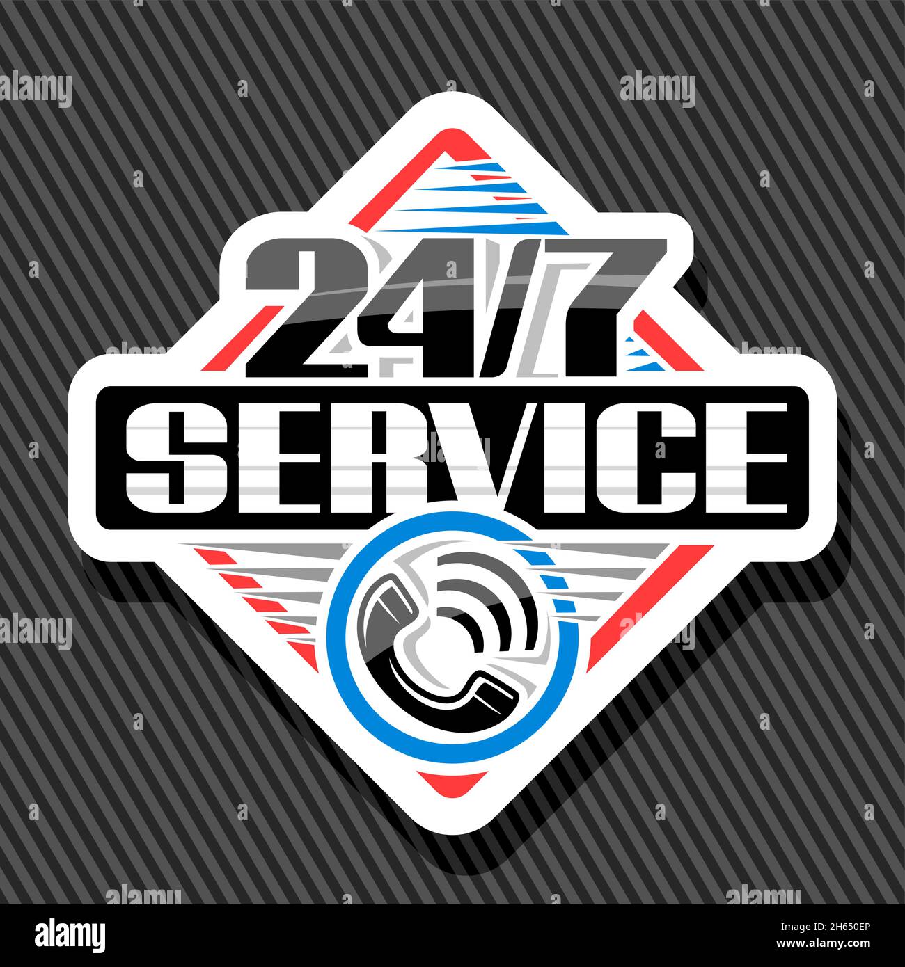Vector logo 24/7 Service, white isolated signage with illustration