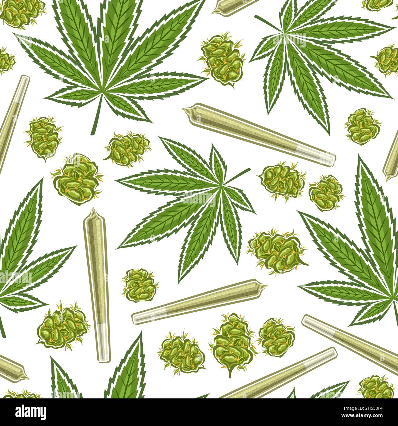 Vector Cannabis Seamless Pattern, square repeating background of cannabis leaves, medicinal marijuana buds, decorative poster with cut out illustratio Stock Vector