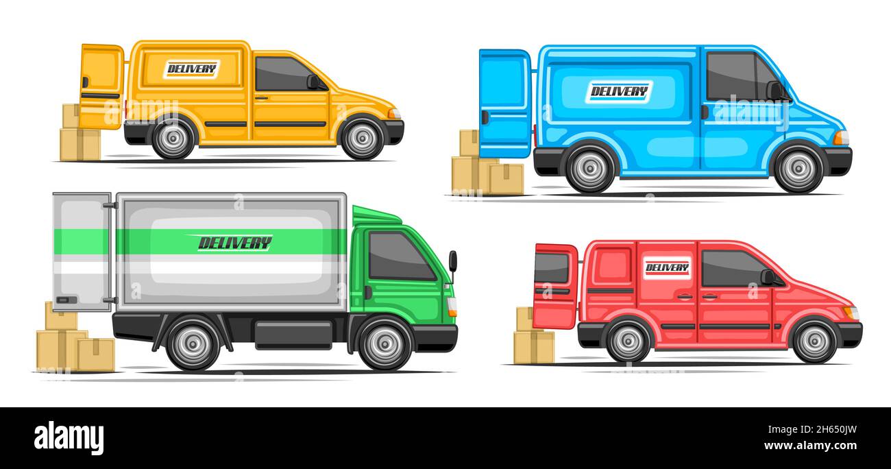 Vector set of Delivery Vans, collection of 4 cut out illustrations colorful commercial van with word delivery on side view, set of various delivery mi Stock Vector