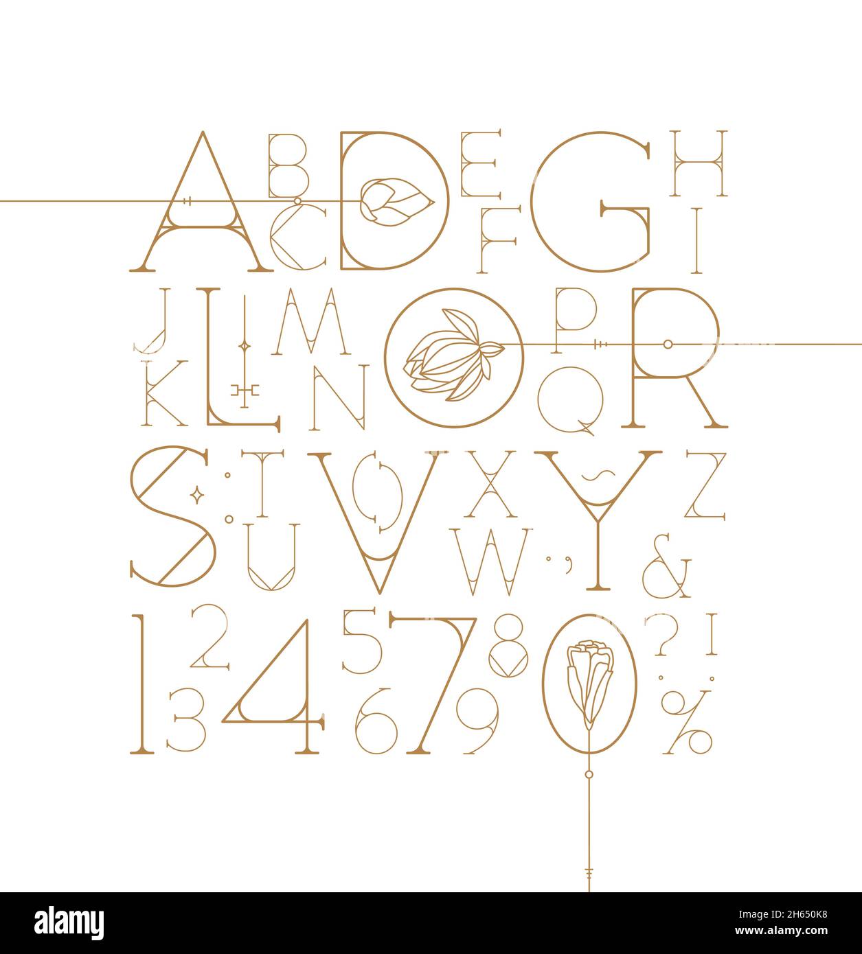 Art Deco alphabet with letters and numbers drawing on white background