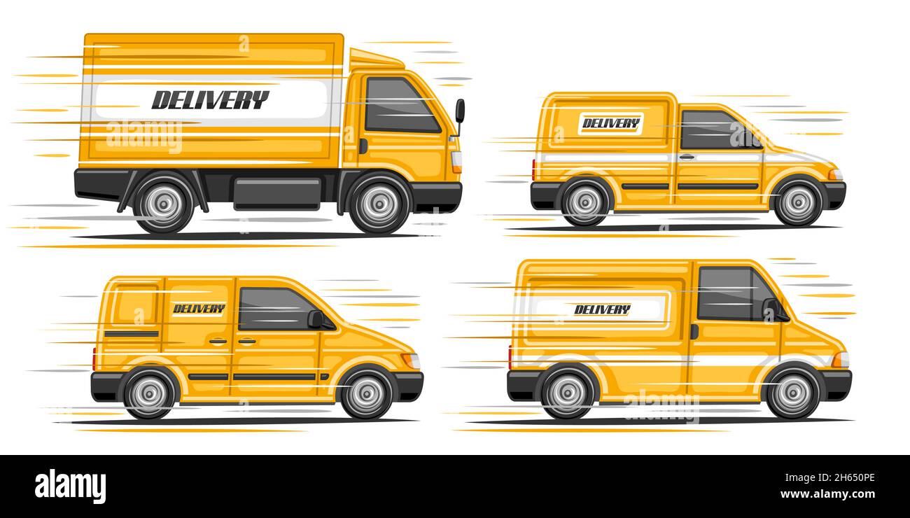 Vector set of Delivery Vans, collection of 4 cut out illustrations moving  orange commercial van with word delivery on side view, set of variety  cartoo Stock Vector Image & Art - Alamy