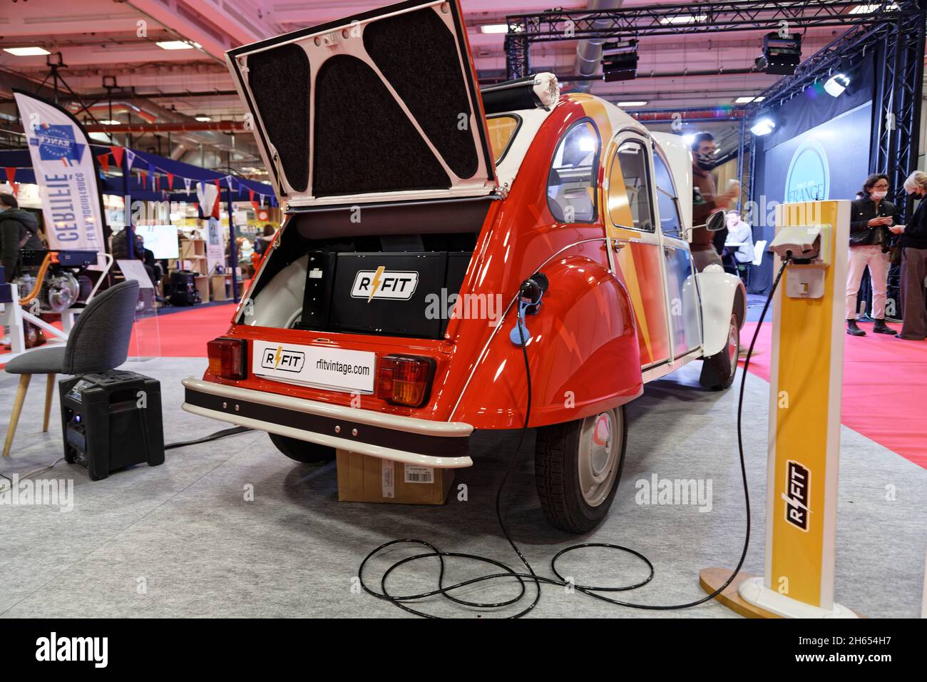 Paris, France. 11th Nov, 2021. Presentation of a Citroën 2CV with a petrol combustion engine transformed into an electric vehicle by the Méhari Club. Stock Photo