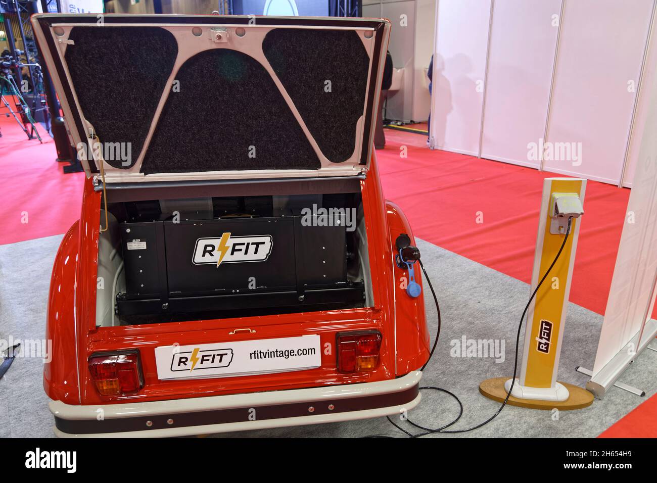 Paris, France. 11th Nov, 2021. Presentation of a Citroën 2CV with a petrol combustion engine transformed into an electric vehicle by the Méhari Club. Stock Photo