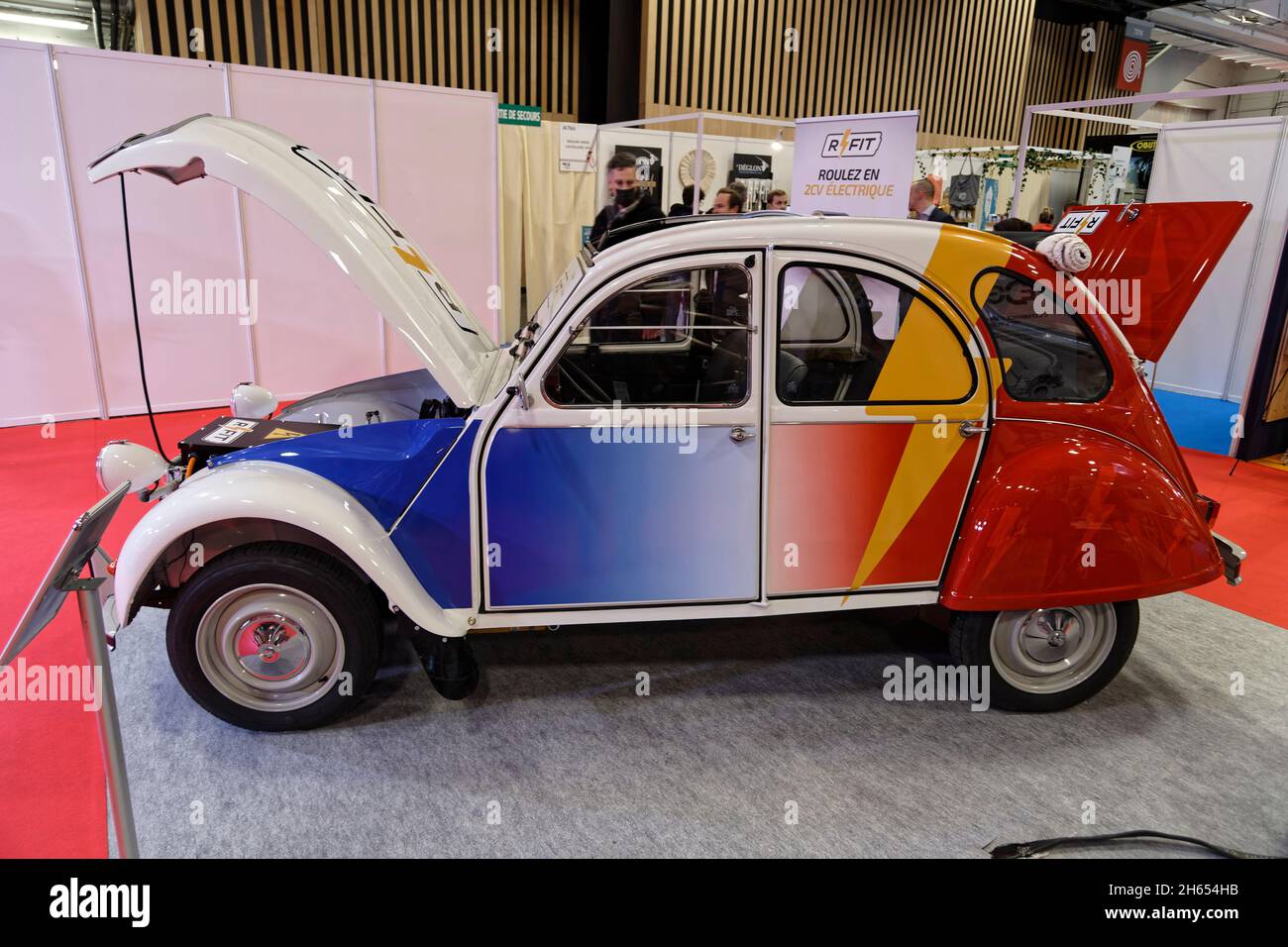 Paris, France. 11th Nov, 2021. Presentation of a Citroën 2CV with a petrol combustion engine transformed into an electric vehicle by the Méhari Club. Stock Photo