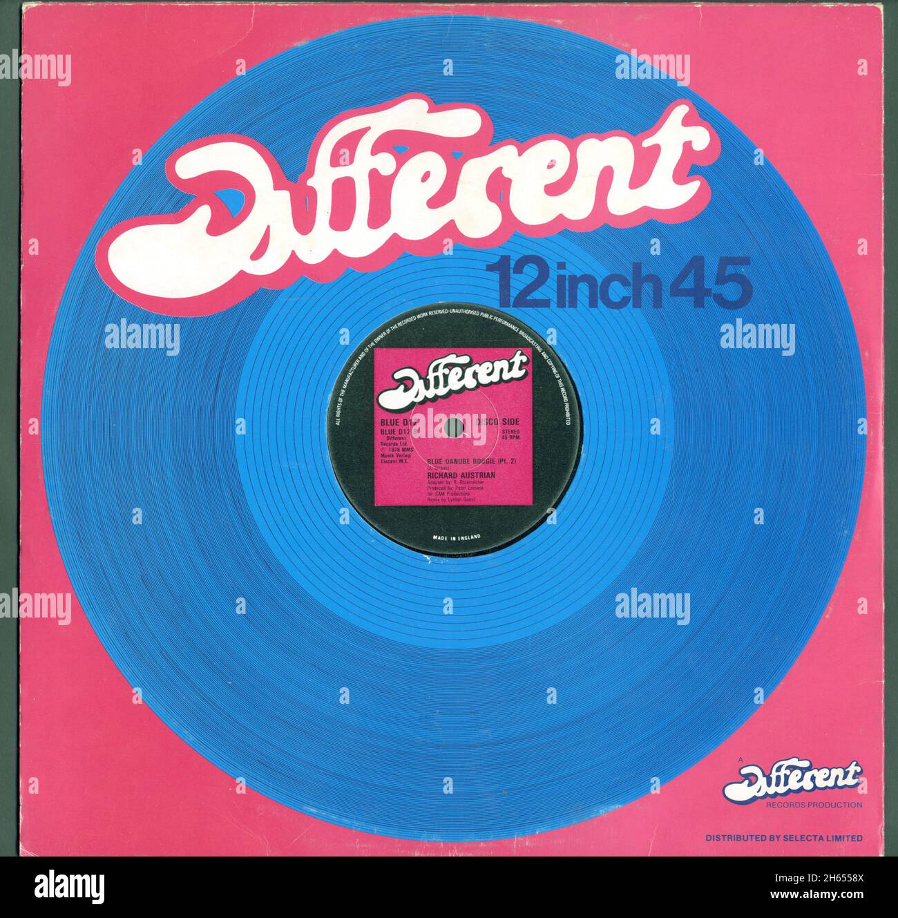 Different Records was a short lived indie British reggae label operating during 1978 and 1979, based in London but cutting many of their records in Jamaica. This is their generic 12' sleeve which has no design credits but still looks groovy over forty years on. The blue vinyl disc design is done by hand. My guess is that they used a fine Rotring ink pen with a compass attachment, and it must have taken ages (I know, I used to have one!).  The Different logo is good too, drawn by hand but again not unlike hip indie record logos of the 1990s. Stock Photo