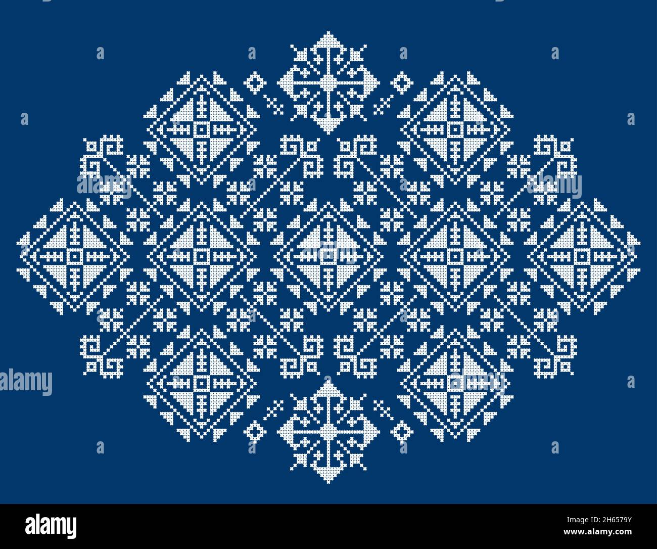 Balkan folk art vector pattern styled as traditional Zmijanje embroidery design from Bosnia and Herzegovina, unique ethnic ornament in white on navy b Stock Vector