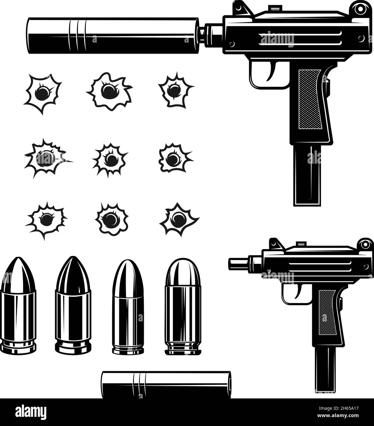 Set of uzi submachine gun, bullets, bullet holes, mufflers. Design element for logo, label, sign, emblem. Vector illustration Stock Vector