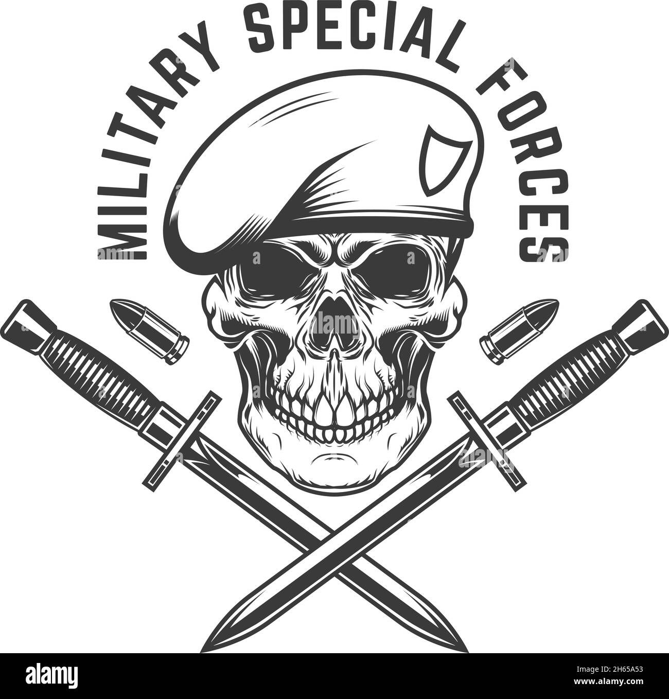 Military special forces. Paratrooper skull with crossed knives. Design element for logo, label, sign, emblem. Vector illustration Stock Vector