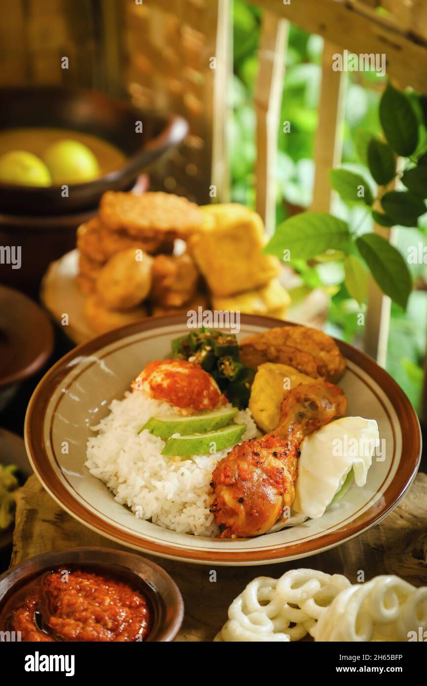 Nasi Campur. Indonesian meal of rice with variety of side dishes