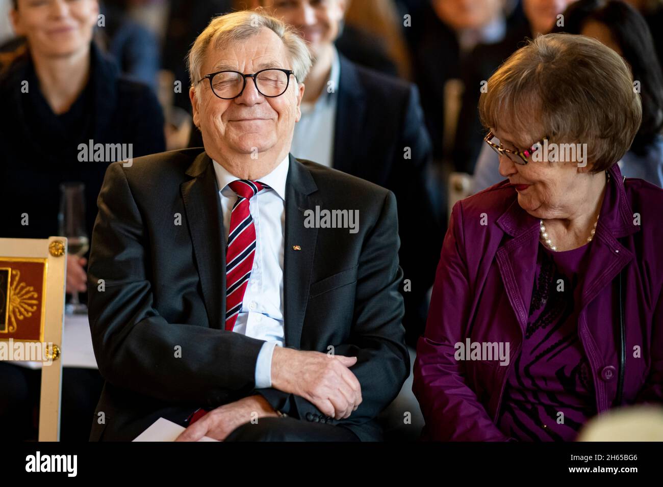 Berlin, Germany. 13th Nov, 2021. Eberhard Diepgen (CDU), Berlin's former governing mayor, and his wife Monika Diepgen sit in the front row at the reception for his 80th birthday at Schloss Friedrichsfelde. The CDU politician Diepgen was mayor of Berlin from 1984 to 1989 and from 1991 to 2001. Credit: Fabian Sommer/dpa/Alamy Live News Stock Photo