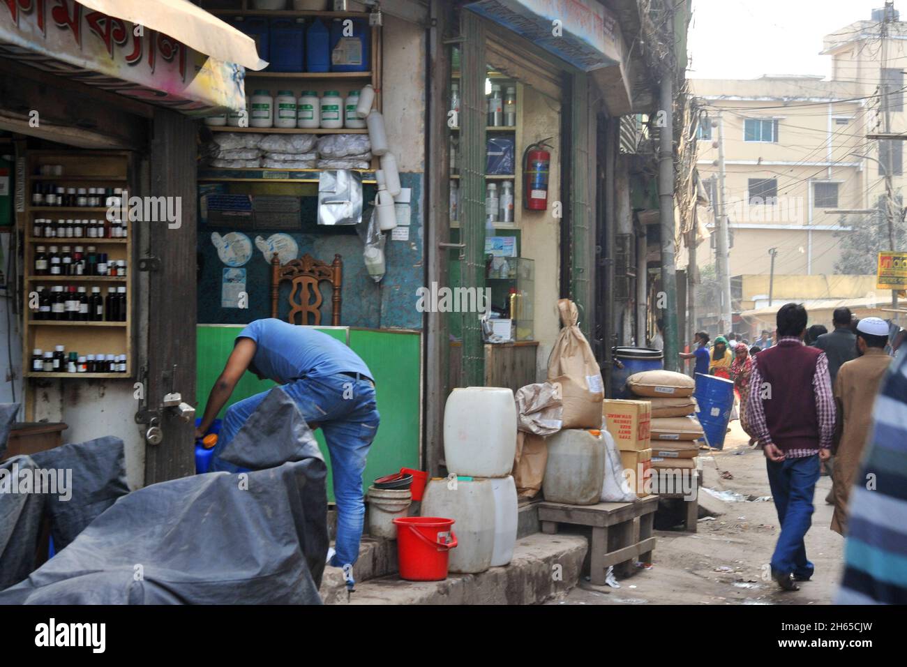 Chemical shops are seen at Old city of Dhaka, Bangladesh Stock Photo