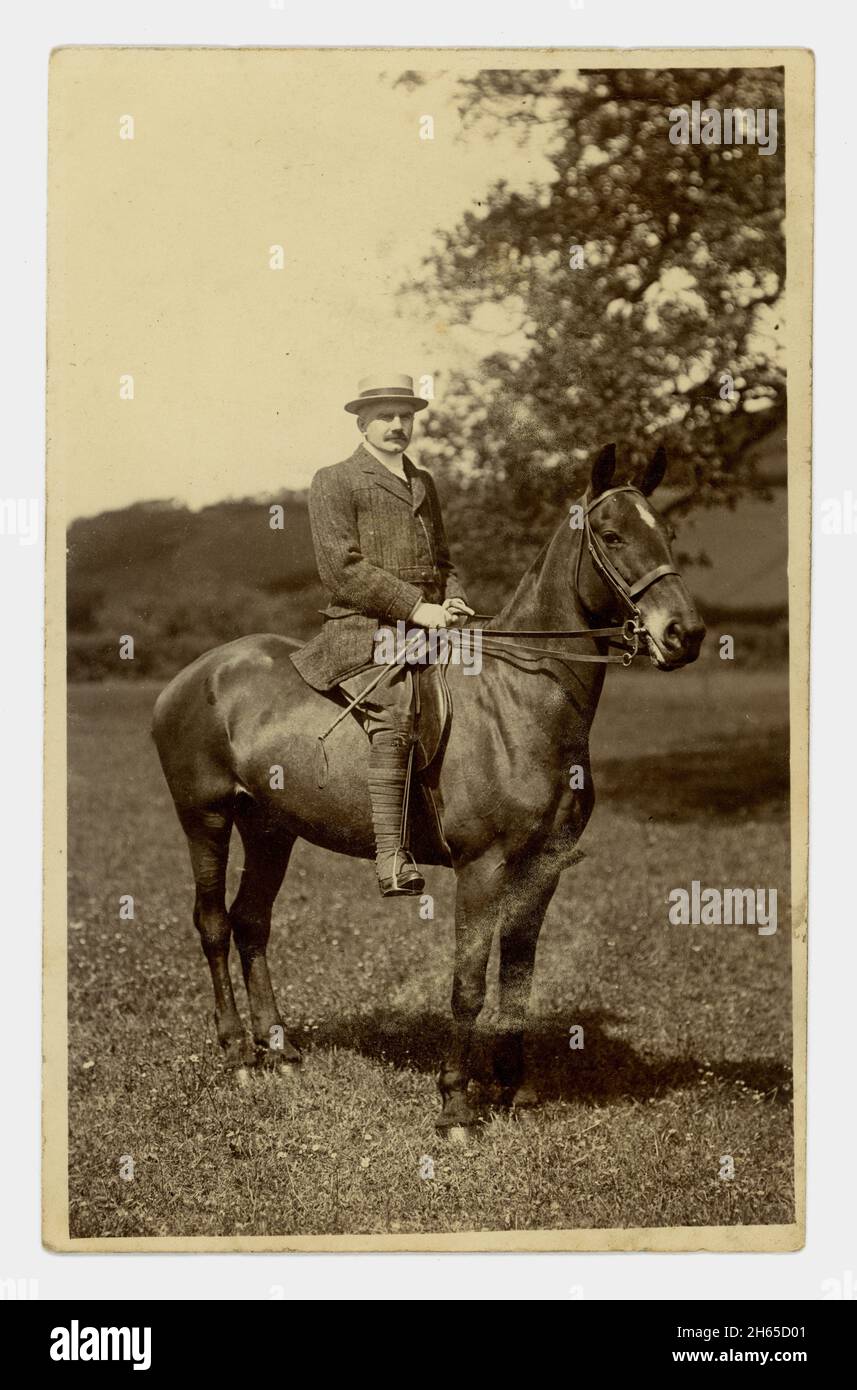 Original early 1900's postcard of man on a horse, Cardiganshire, Wales, dated June 1912 on reverse. Stock Photo