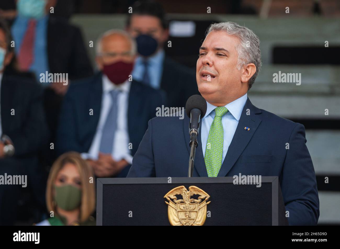 Colombia's president, Ivan Duque Marquez gives a speech during an event were Colombia's president Ivan Duque Marquez and Colombia's Minister of Defens Stock Photo