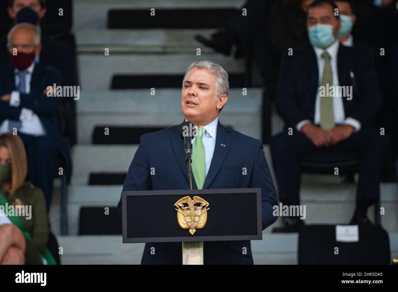 Colombia's president, Ivan Duque Marquez gives a speech during an event were Colombia's president Ivan Duque Marquez and Colombia's Minister of Defens Stock Photo