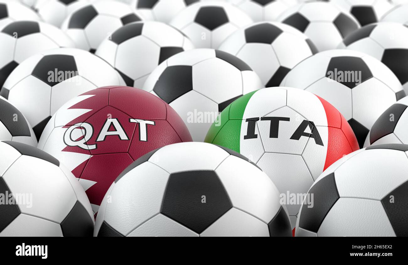 Italy vs. Qatar Soccer Match - Leather balls in Italy and Qatar national colors. 3D Rendering Stock Photo