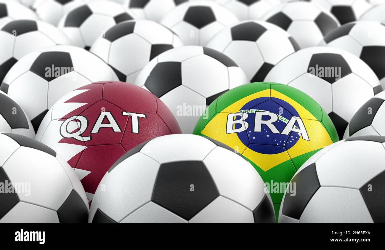 Brazil vs. Qatar Soccer Match - Leather balls in Brazil and Qatar national colors. 3D Rendering Stock Photo