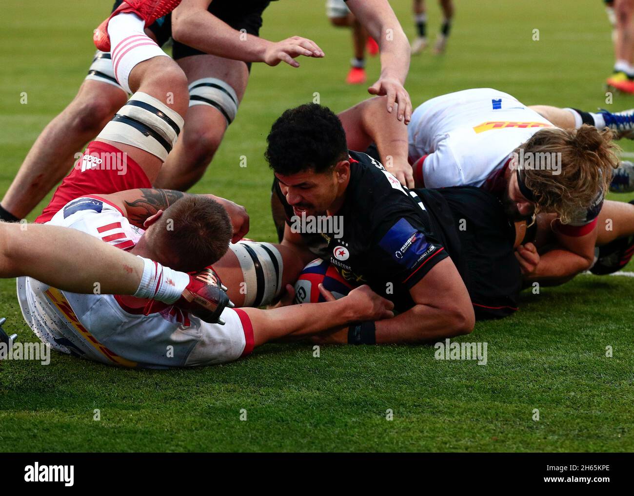 13th November 2021; StoneX Stadium, Saracens, London, England, Premiership Rugby Cup, Saracens versus Harlequins; Theo McFarland of Saracens with a try Stock Photo
