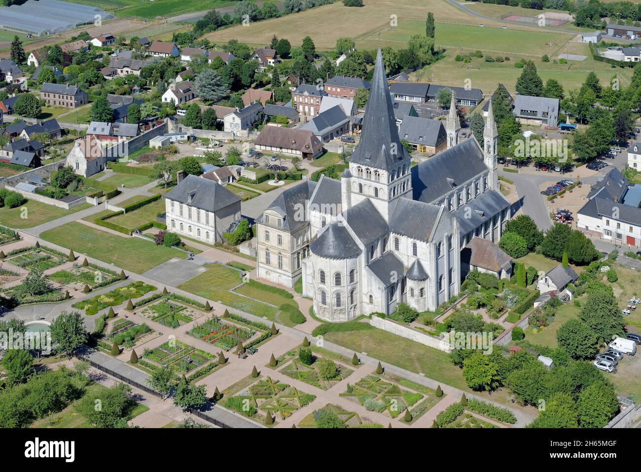 France, Seine-Maritime, Saint Martin de Boscherville, Saint Georges de Boscherville Abbey of the 12th century (aerial view) Stock Photo