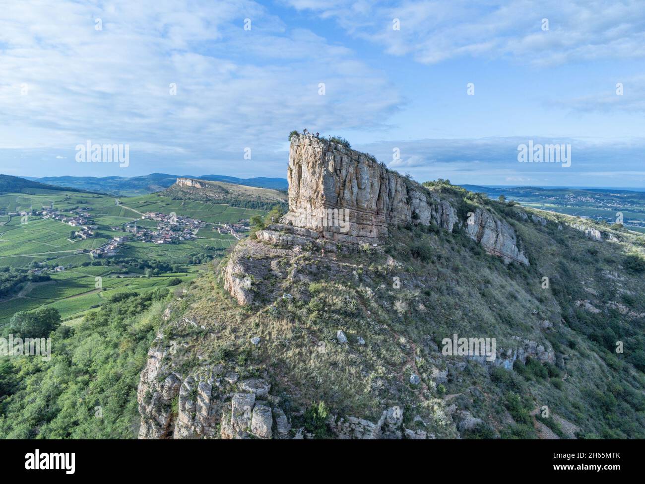France, Saone et Loire, Maconnais, Solutre Pouilly, the Rock of Solutré and the Rock of Vergisson in the background (aerial view) Stock Photo