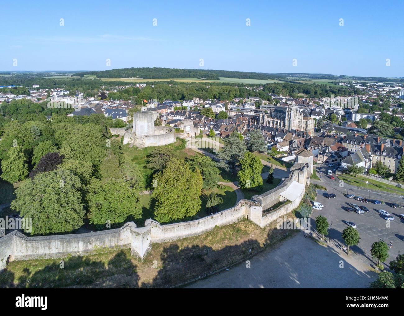 France, Eure, Gisors, its donjon and Collegiate Church of Saint Gervais Sain Protais, representative of French Gothic (aerial view) Stock Photo