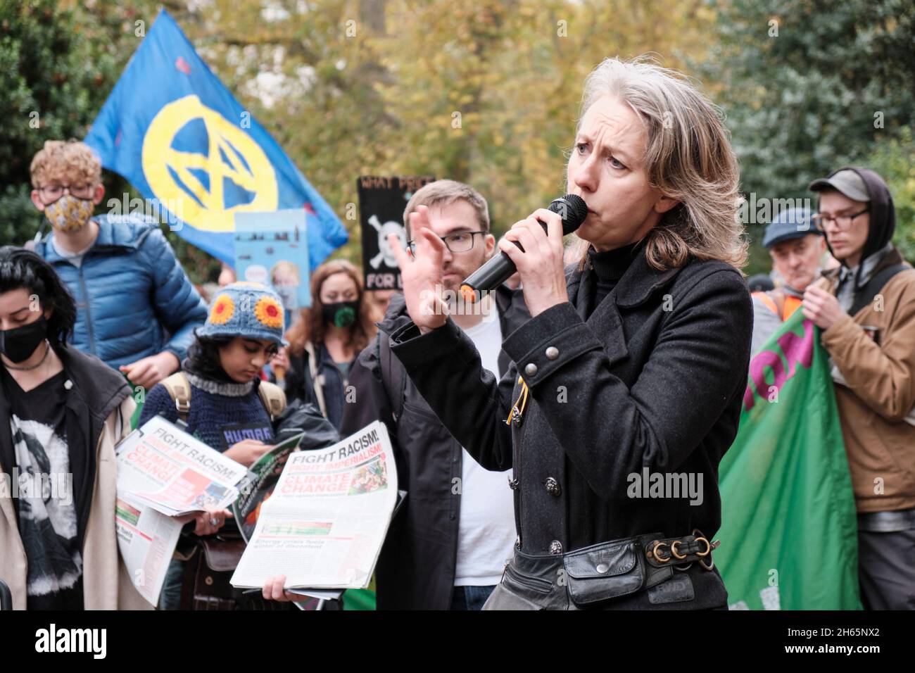 London, UK. 13th Nov, 2021. Gail Bradbrook, co-founder of Extinction Rebellion gives a speech for Extinction Rebellion's activists gathered in Lincoln's Inn Fields, for the Rise and Rebel March to protest for the climate emergency, following COP26 summit. Credit: Chiara Fabbro/Alamy Live News Stock Photo