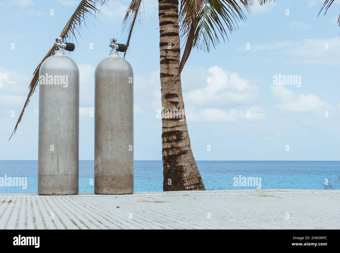 Two scuba diving tanks on road by palm tree and ocean Stock Photo