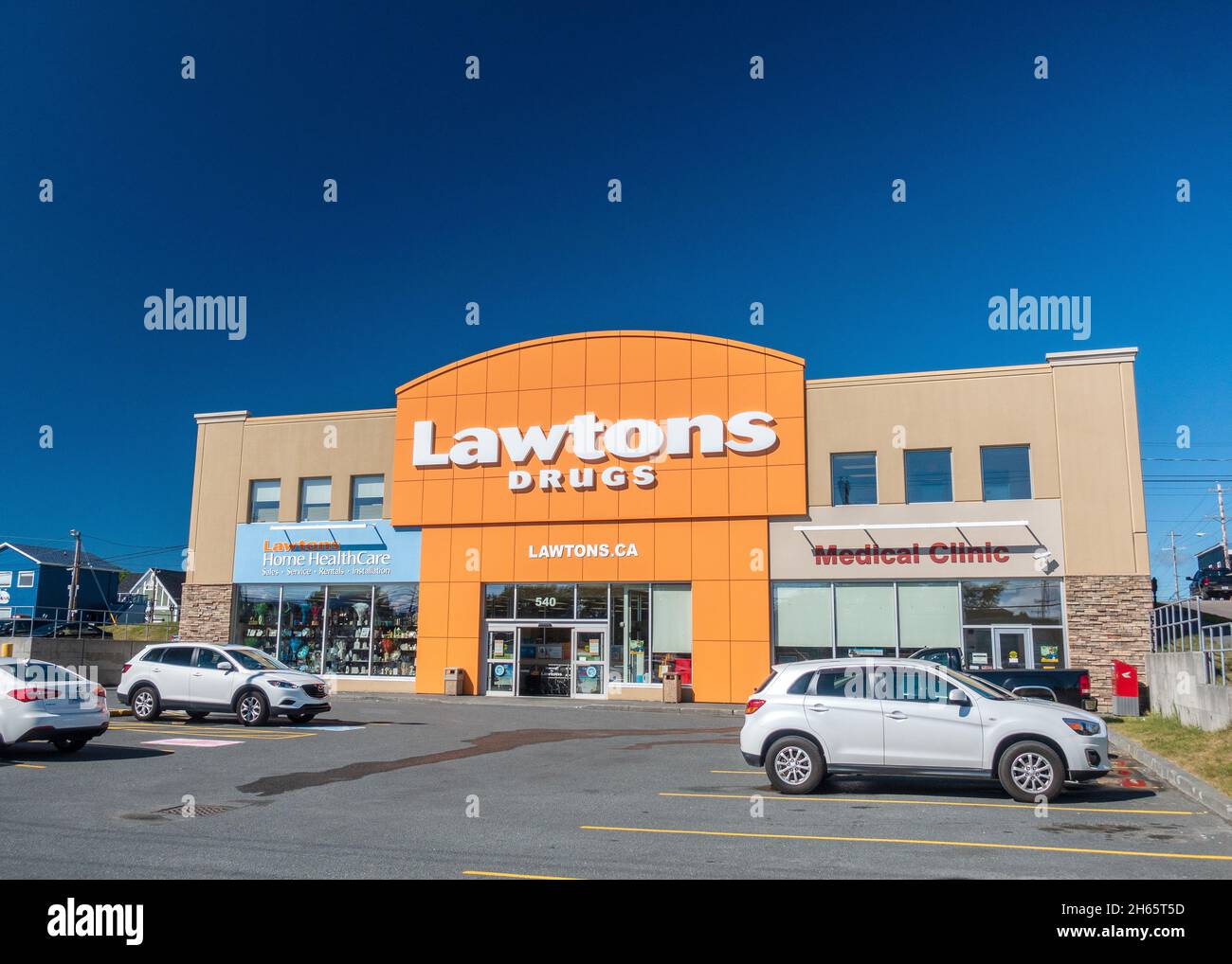 Lawtons Drugs Pharmacy Chemist Store Sign Logo Building Exterior In Sydney Cape Breton Island Nova Scotia Canada Big Box Drug Store Owned by Sobeys Stock Photo