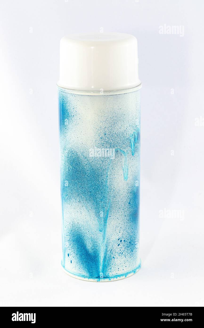 Blue Spray Paint Can on White Background - Close-Up Shot Stock Photo