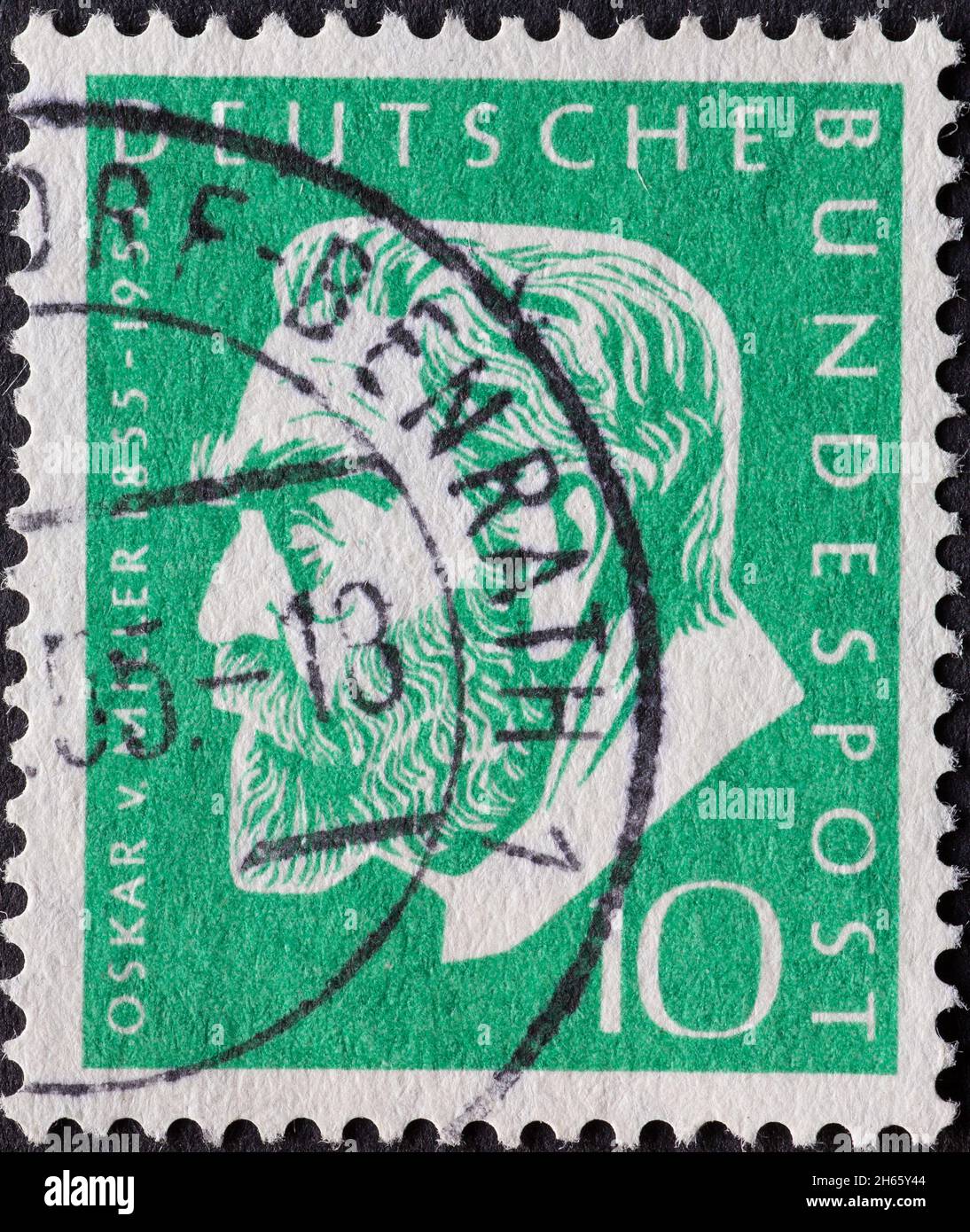 GERMANY - CIRCA 1955: this postage stamp shows a protrait by Oskar von Miller on the occasion of his 100th birthday, circa 1955 Stock Photo
