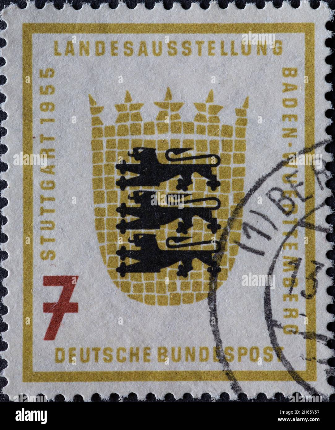 GERMANY - CIRCA 1955:This postage stamp shows the coat of arms of Baden Württemberg on the occasion of the regional exhibition in Stuttgart Germany ci Stock Photo