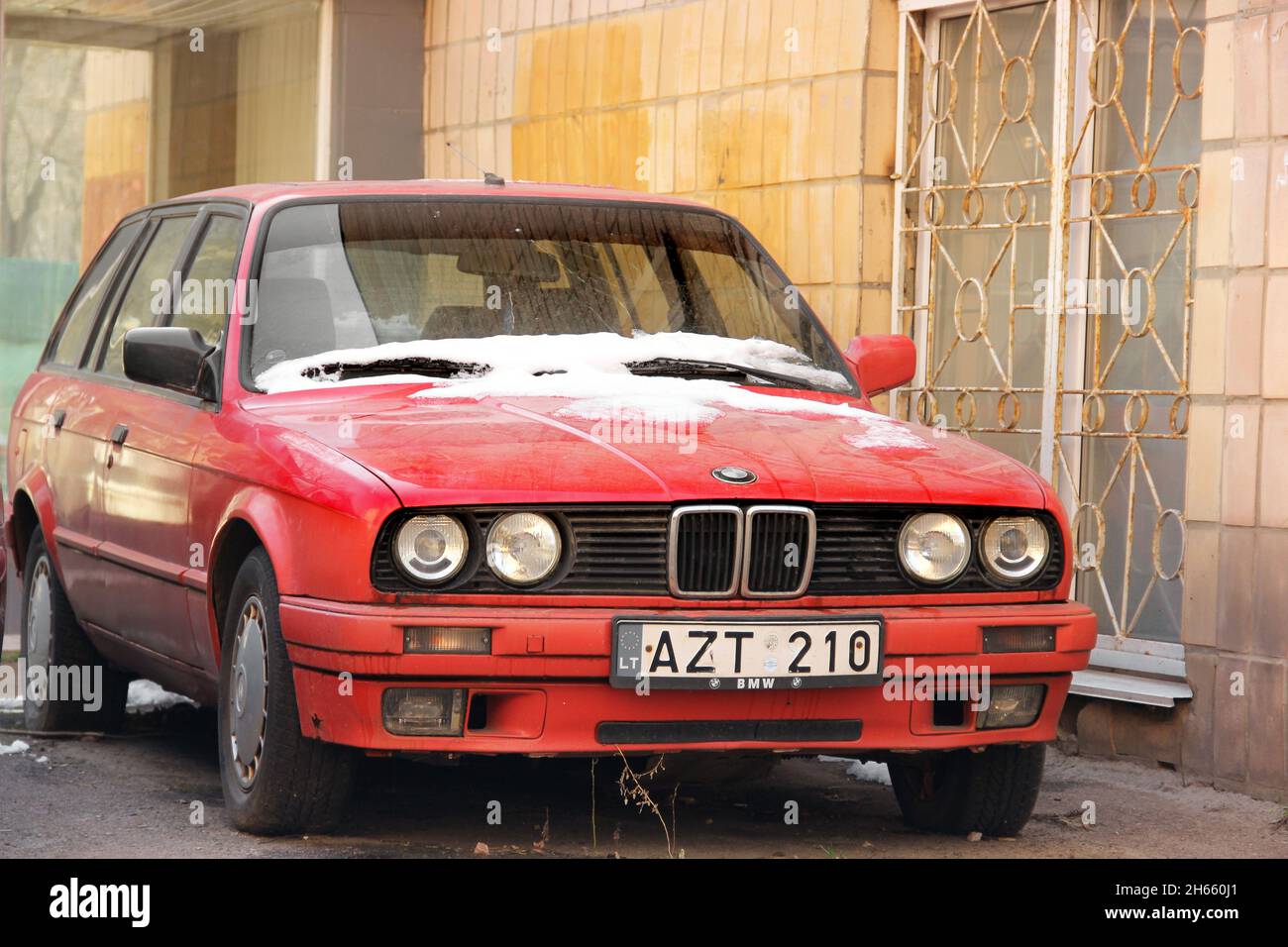 Chernihiv, Ukraine - March 31, 2020: Old red BMW car in the city Stock Photo