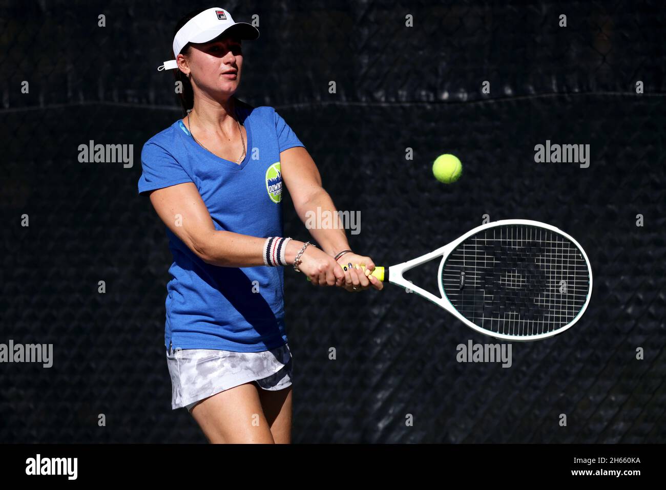 Tennis pro Marina Oetiker, playing at the Downtown Tennis Club, in New York City, 10/21/2021  Model Released Stock Photo