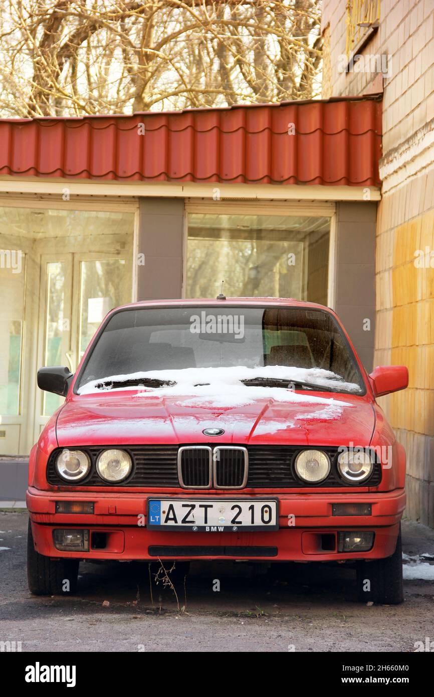 Chernihiv, Ukraine - March 31, 2020: Old red BMW car in the city Stock Photo