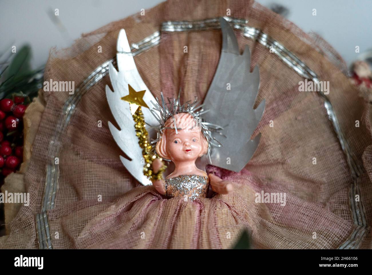 Vintage1950s Dibro Christmas Tree Fairy on a handmade wreath Stock Photo