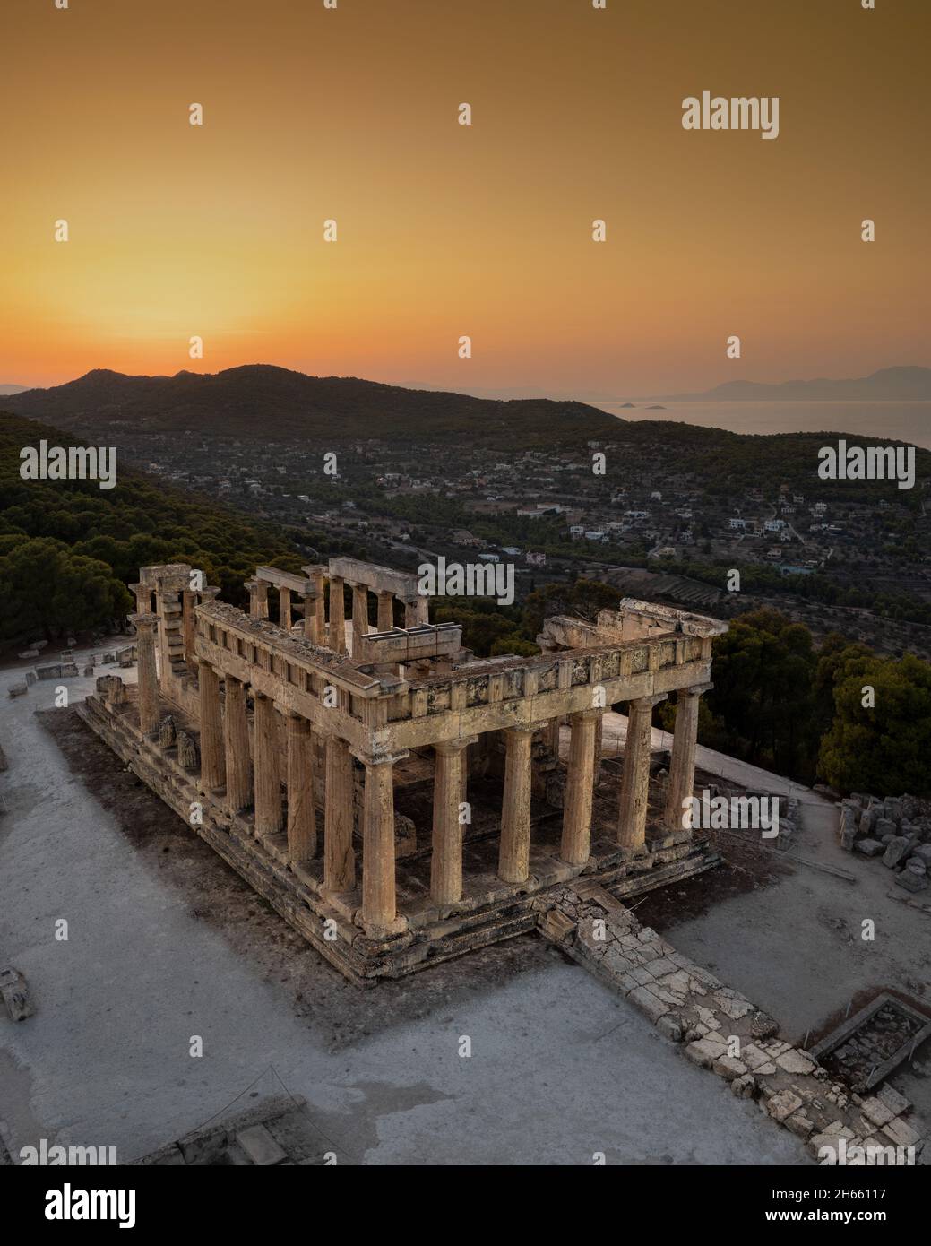 The Temple of Aphaia or Afea is located within a sanctuary complex dedicated to the goddess Aphaia on the Greek island of Aigina, which lies in the Sa Stock Photo